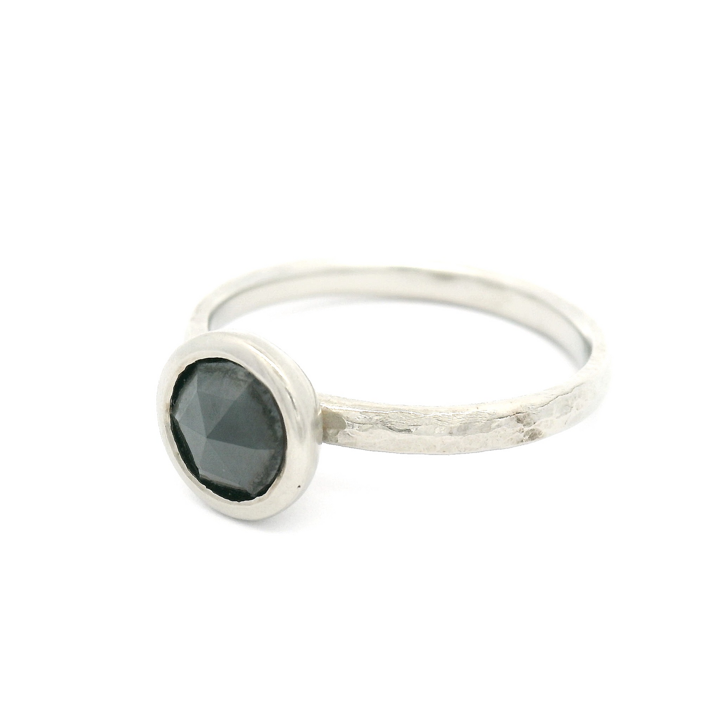 14k White Hammered Finish Solitaire with 1.0ct Rose Cut Black Diamond