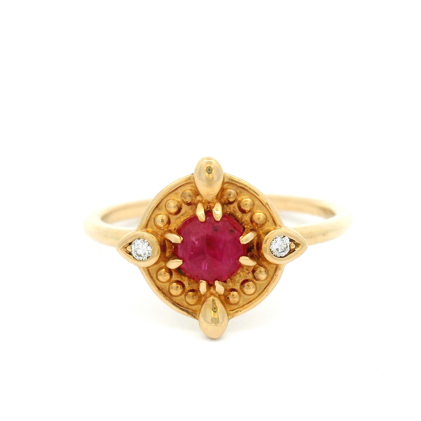 14k Yellow Ring with 5mm Rose-Cut Ruby and Accent Diamonds
