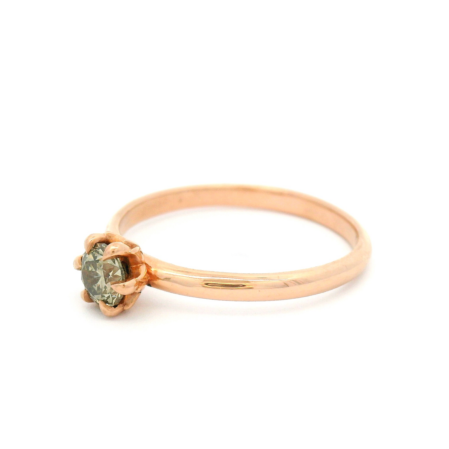 14k Rose Gold Solitaire with Greenish Round Brilliant Cut Diamond