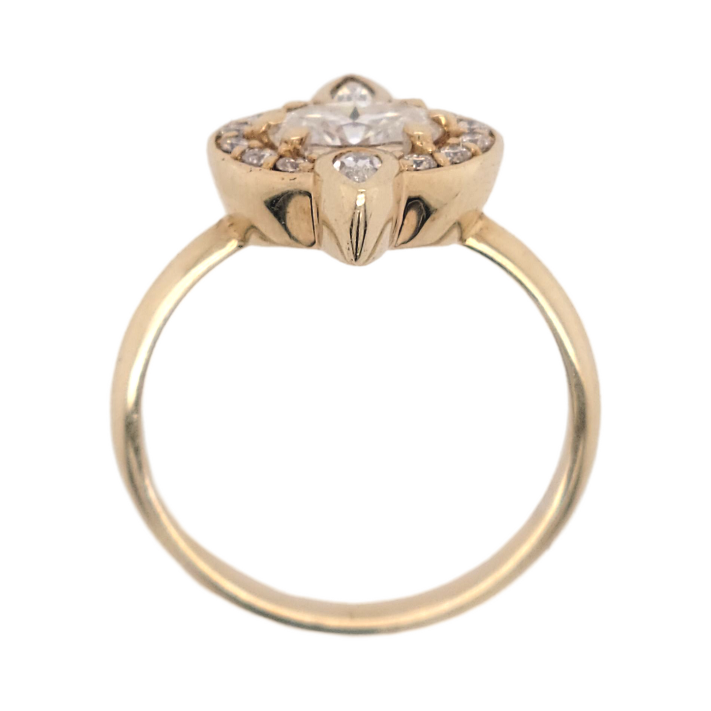 Rene - 14k Yellow Ring with Oval Moissanite, Accent Halo and Pear-Cuts