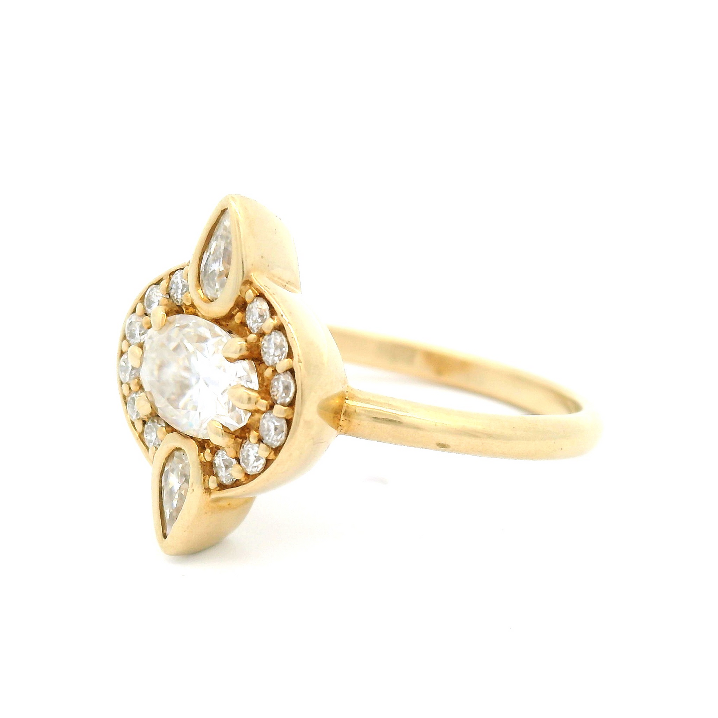 14k Yellow Ring with Oval Moissanite, Accent Halo and Pear-Cuts