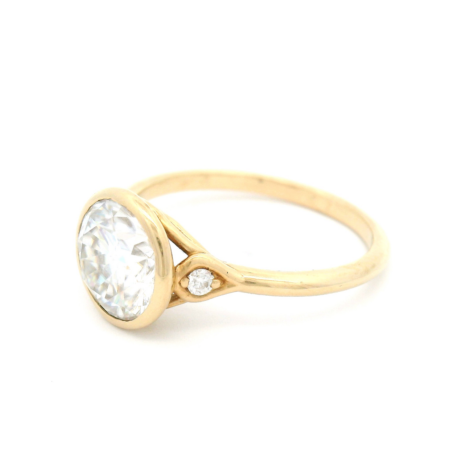 14K Yellow Bezel Set Solitaire with 8mm Moissanite and Accent Stones