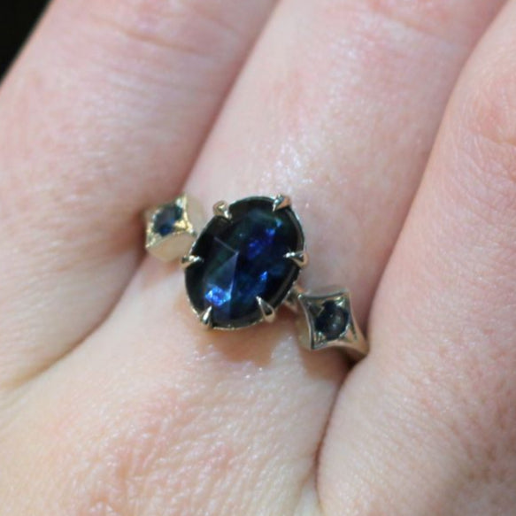 14k White Engagement Ring with 2.44ct Parti Blue Sapphire and Accent Sapphires