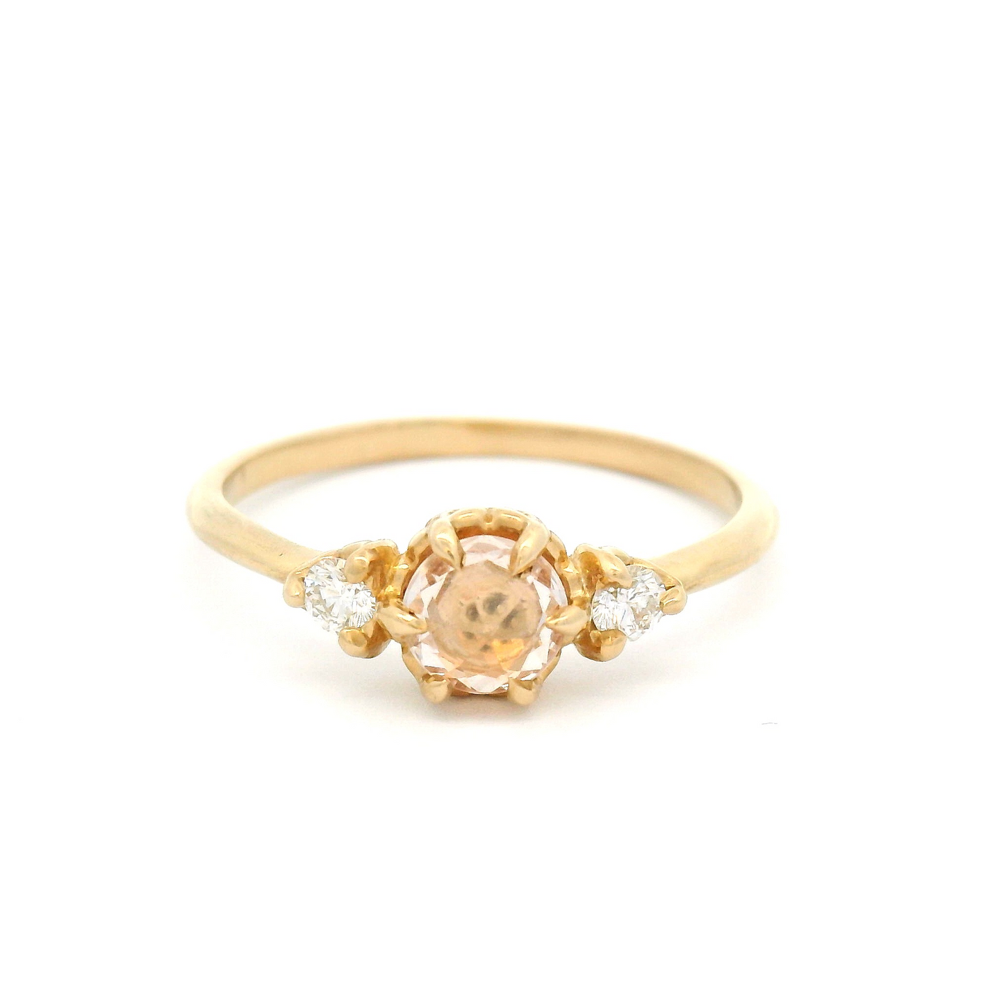 14k Yellow Three-Stone Ring with 4.45mm Rose-Cut Peach Sapphire and Accent Diamonds