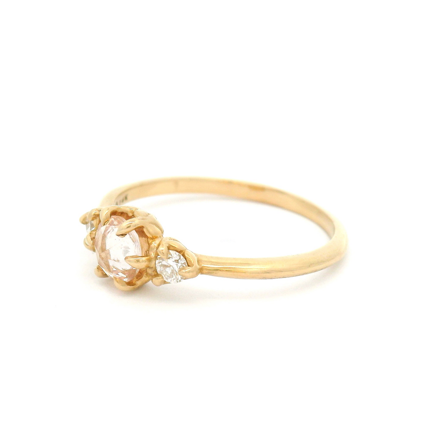 14k Yellow Three-Stone Ring with 4.45mm Rose-Cut Peach Sapphire and Accent Diamonds