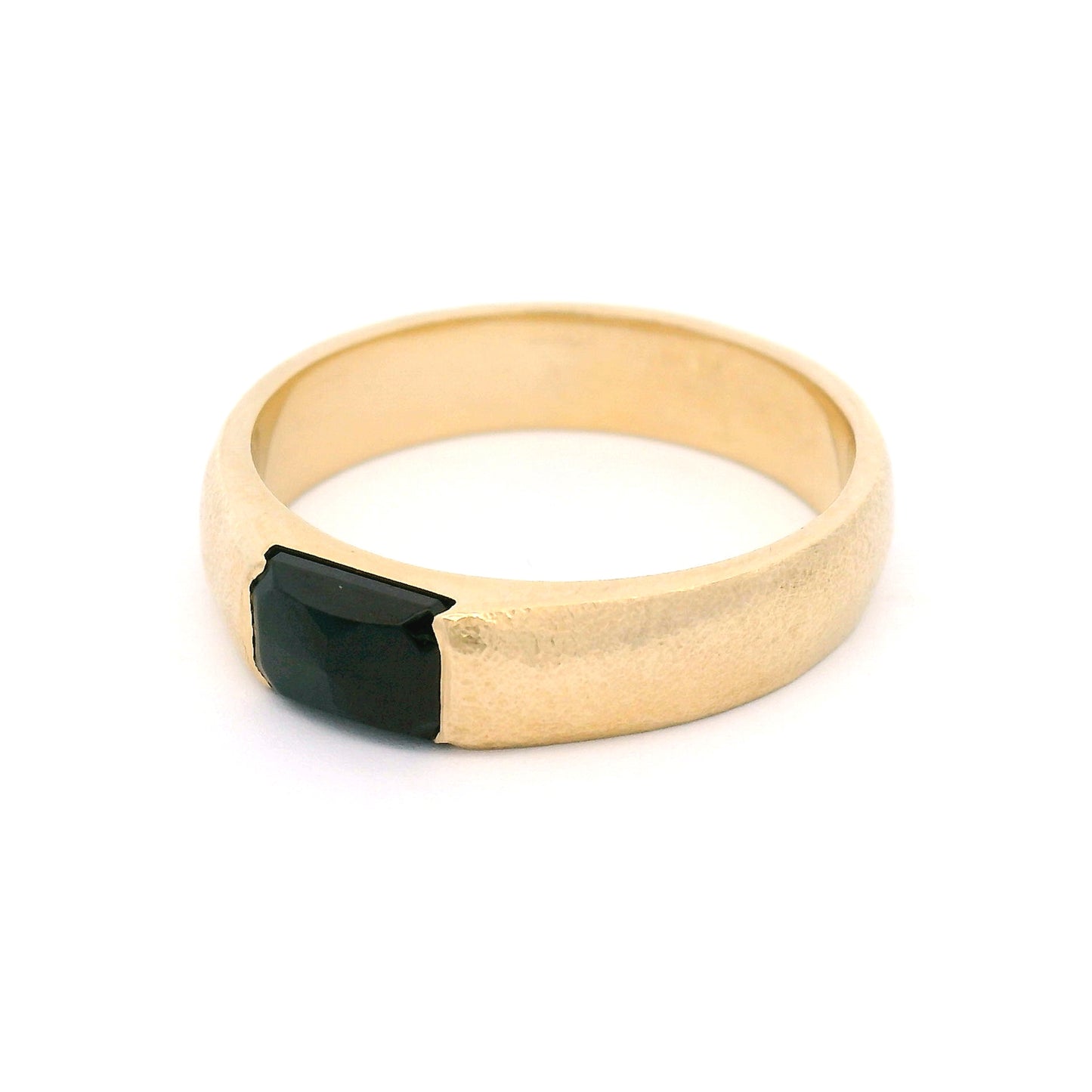 10K yellow gold 4.5mm textured band with half bezel-set 0.95ct rose-cut black spinel.