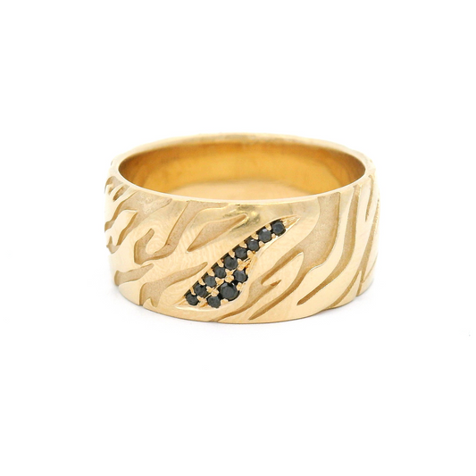14k Yellow Tiger Patterned Wide Band with Bead-Set Black Diamonds
