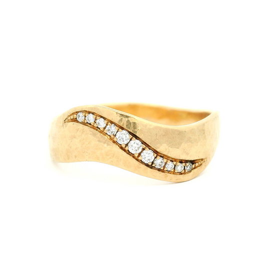 14k Yellow Hammered Wave Band with 11 Bead-Set Diamonds