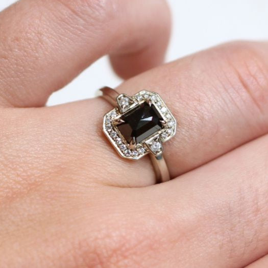 14k White Ring with 1.09ct Rose Cut Black Diamond and Accent Deco Diamond Halo