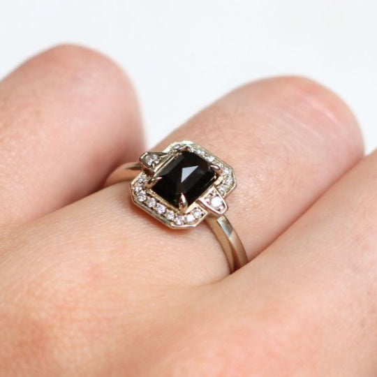 14k White Ring with 1.09ct Rose Cut Black Diamond and Accent Deco Diamond Halo