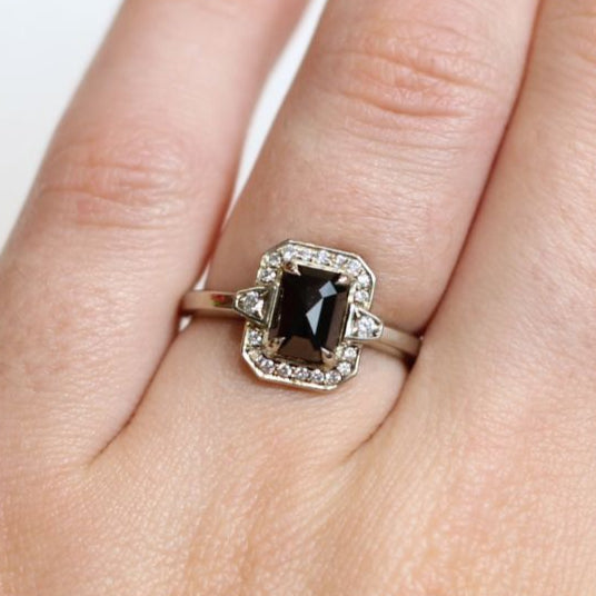 14k White Ring with 1.09ct Rose Cut Black Diamond and Accent Deco Diamond Halo