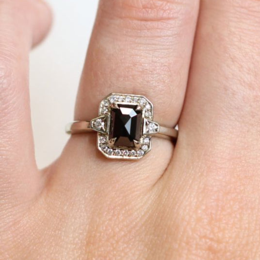 14k White Ring with 1.09ct Rose Cut Black Diamond and Accent Deco Diamond Halo