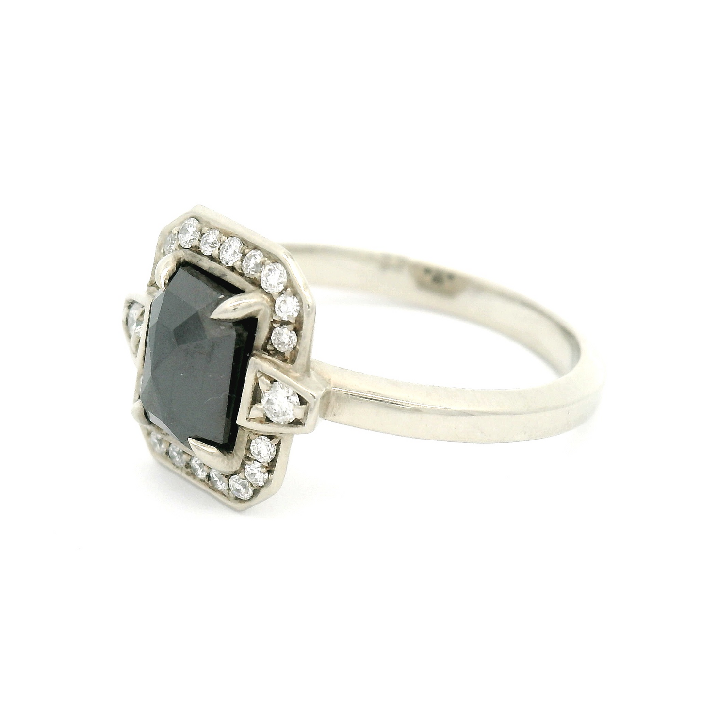 14k White Ring with 1.09ct Rose Cut Black Diamond and Accent Deco Diamond Halo