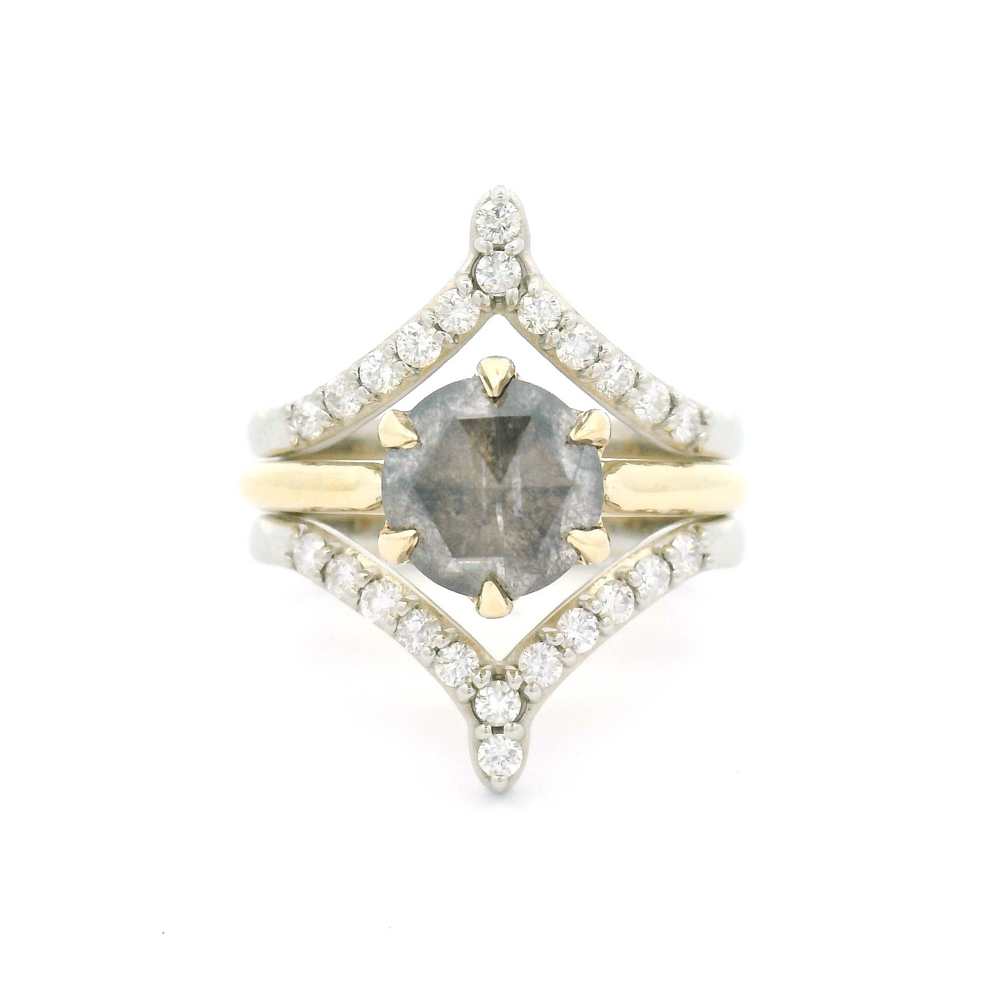 14k White Chevron Jacket Band with 0.42cts Bead-Set Diamonds.  Shown with a solitaire engagement ring.