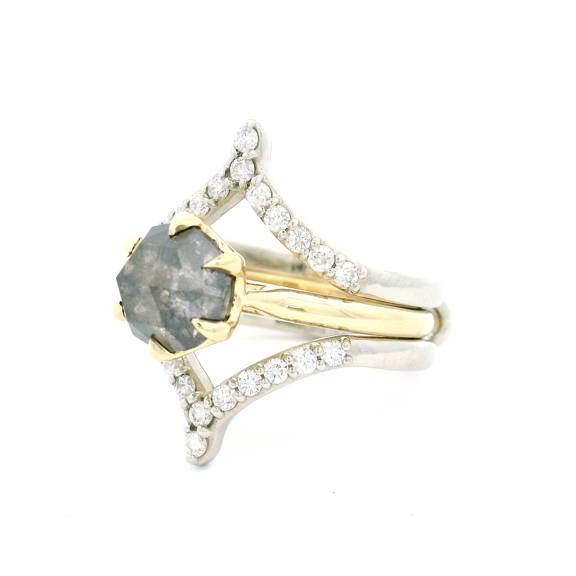 14k White Chevron Jacket Band with 0.42cts Bead-Set Diamonds.  Shown with a solitaire engagement ring.