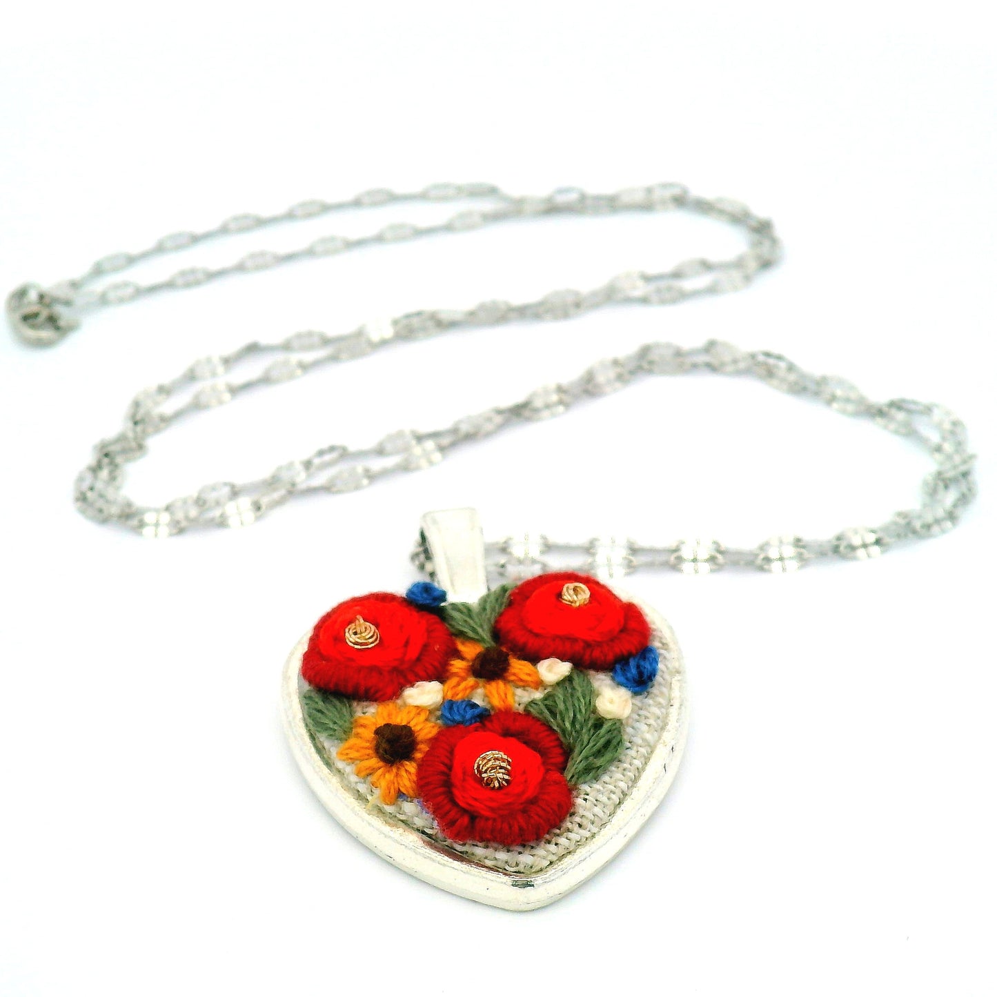 Hand Embroidered Flower Bouquet Heart Pendant