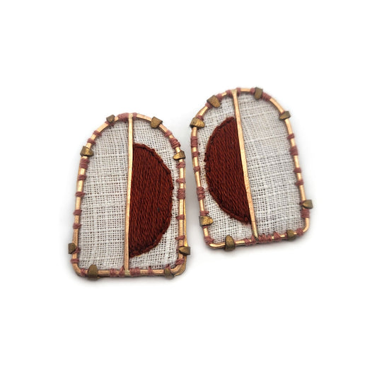 Textile Fabric White & Rust Arch Earrings