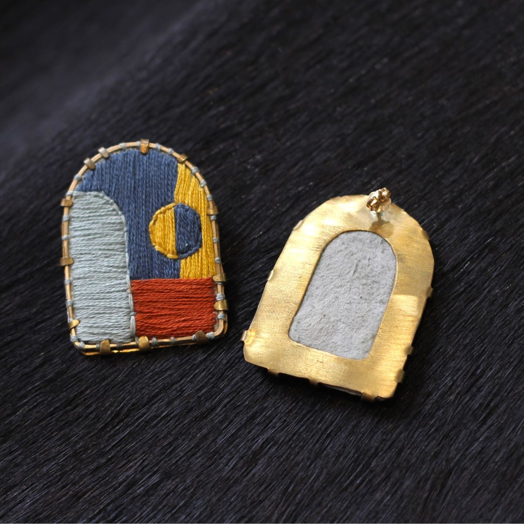 Textile Fabric Blue, Yellow, Red Arch Earrings