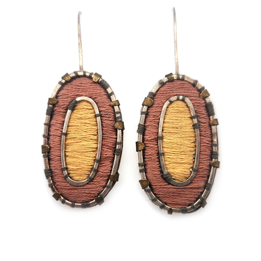 Textile Fabric Yellow & Brown Oval Earrings