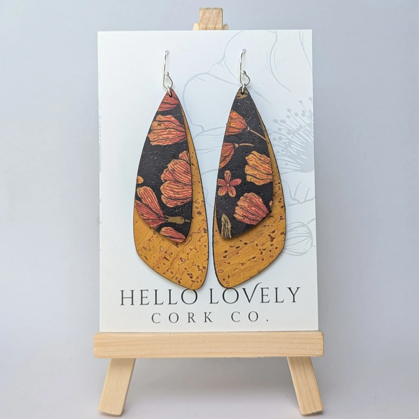 Large Black Floral and Ochre Double Cork Wing Earring