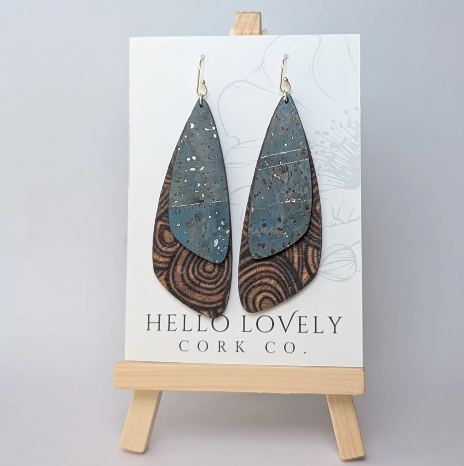 Large Sea Blue and Woodgrain Double Cork Wing Earring