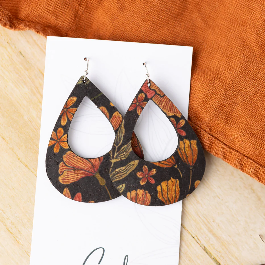 Large Black Floral Cork Earrings - Teardrop