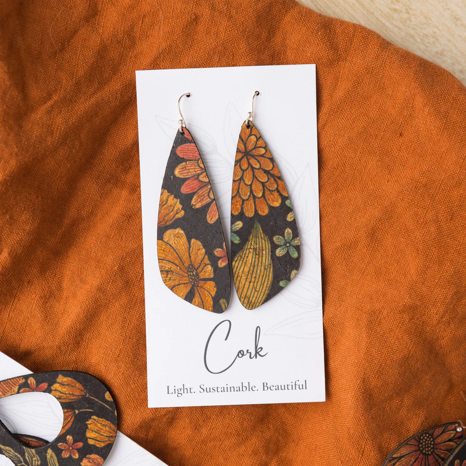 Large Black Floral Cork Earrings - Wing