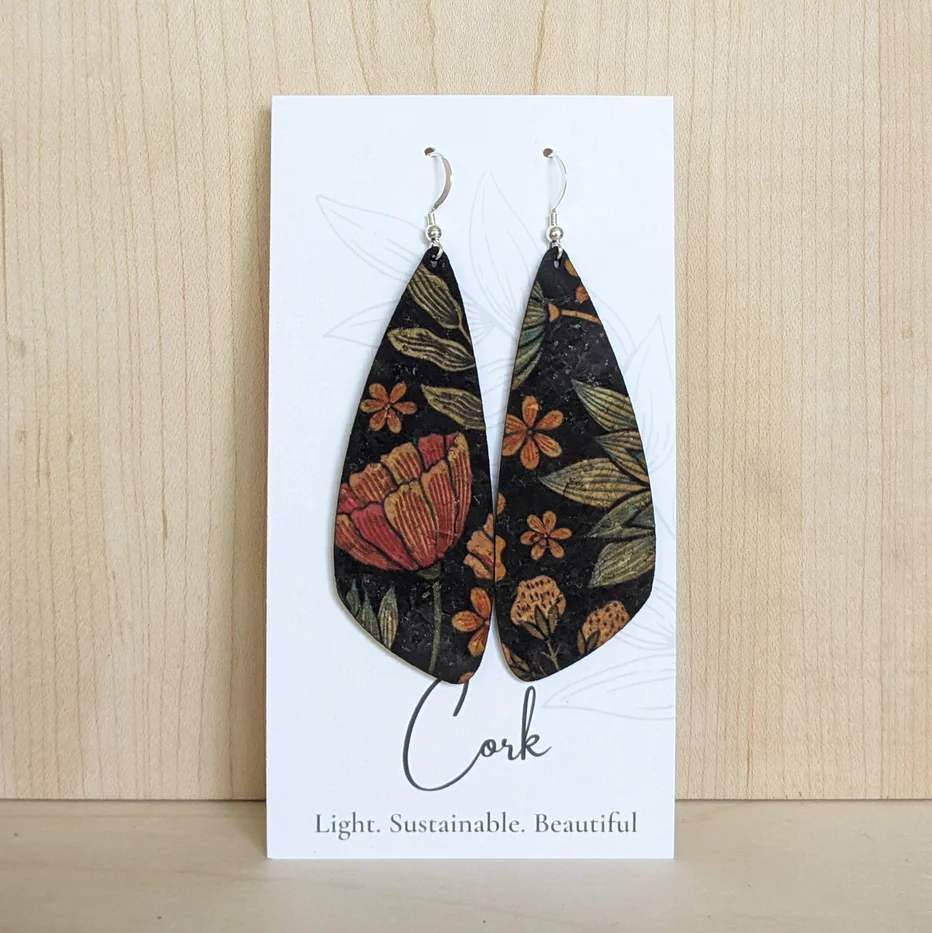 Large Black Floral Cork Earrings - Wing