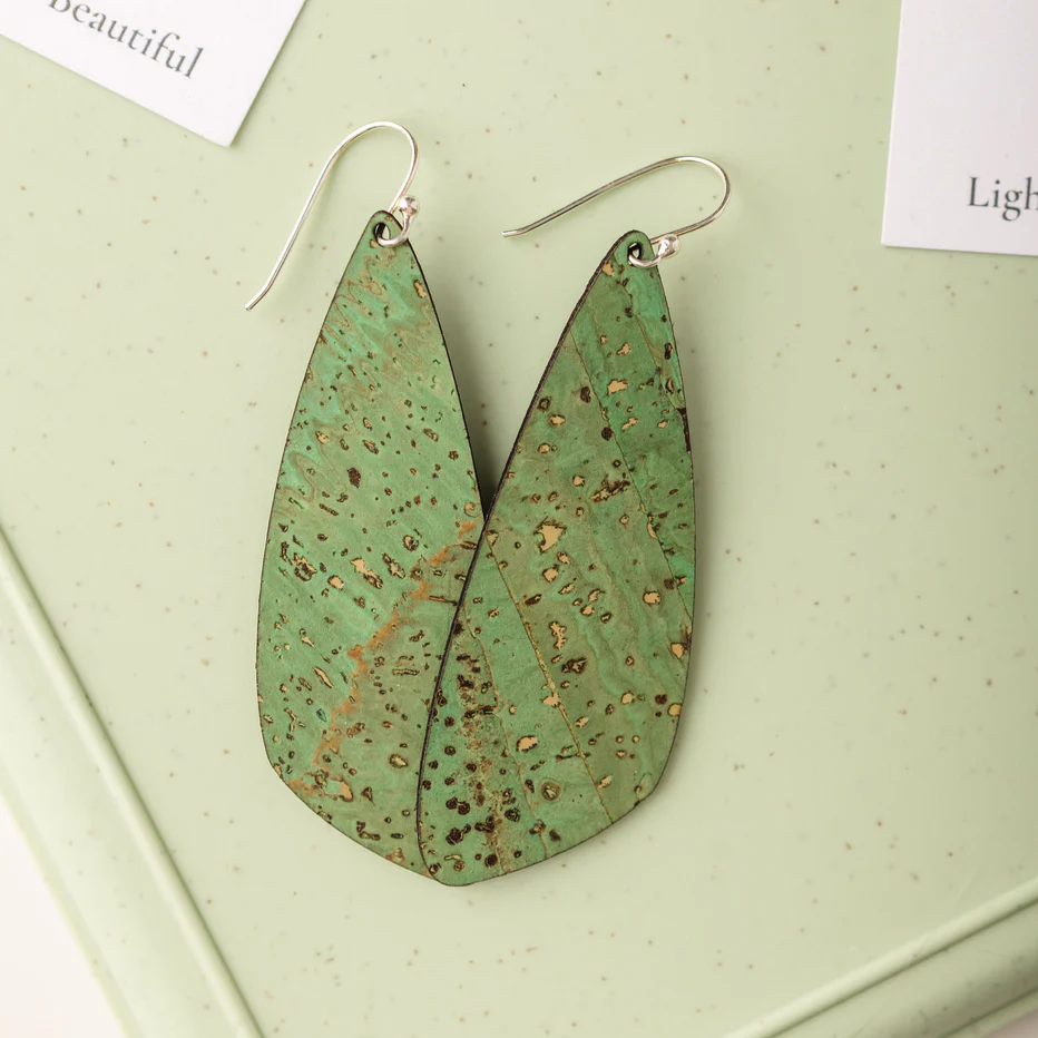 Large Grass Green Cork Earrings - Wing