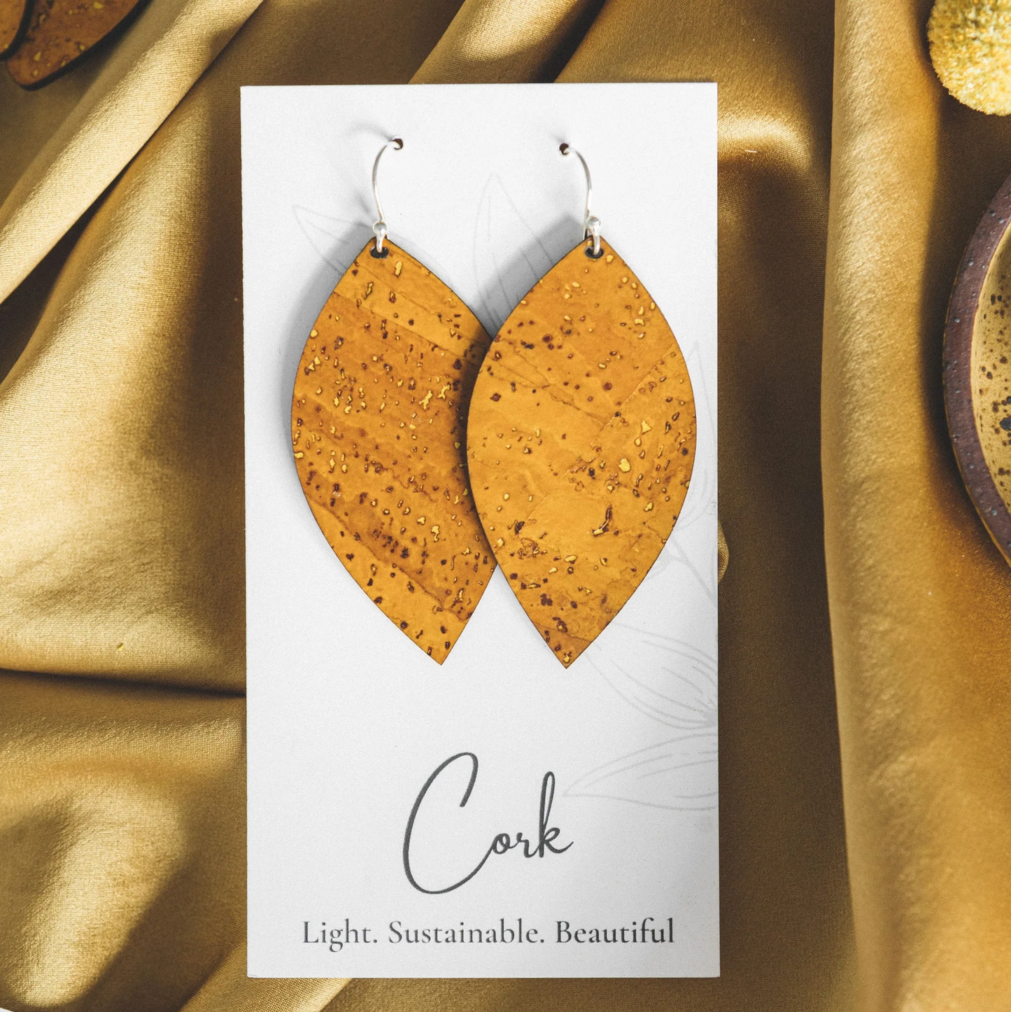 Large Ochre Yellow Cork Earrings - Leaf