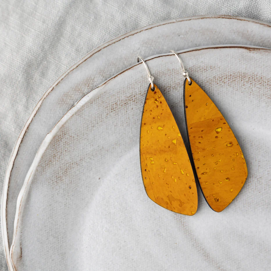 Large Ochre Yellow Cork Earrings - Wing