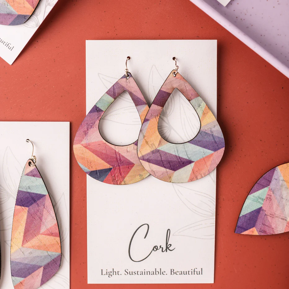 Large Pink Herringbone Cork Earrings - Teardrop