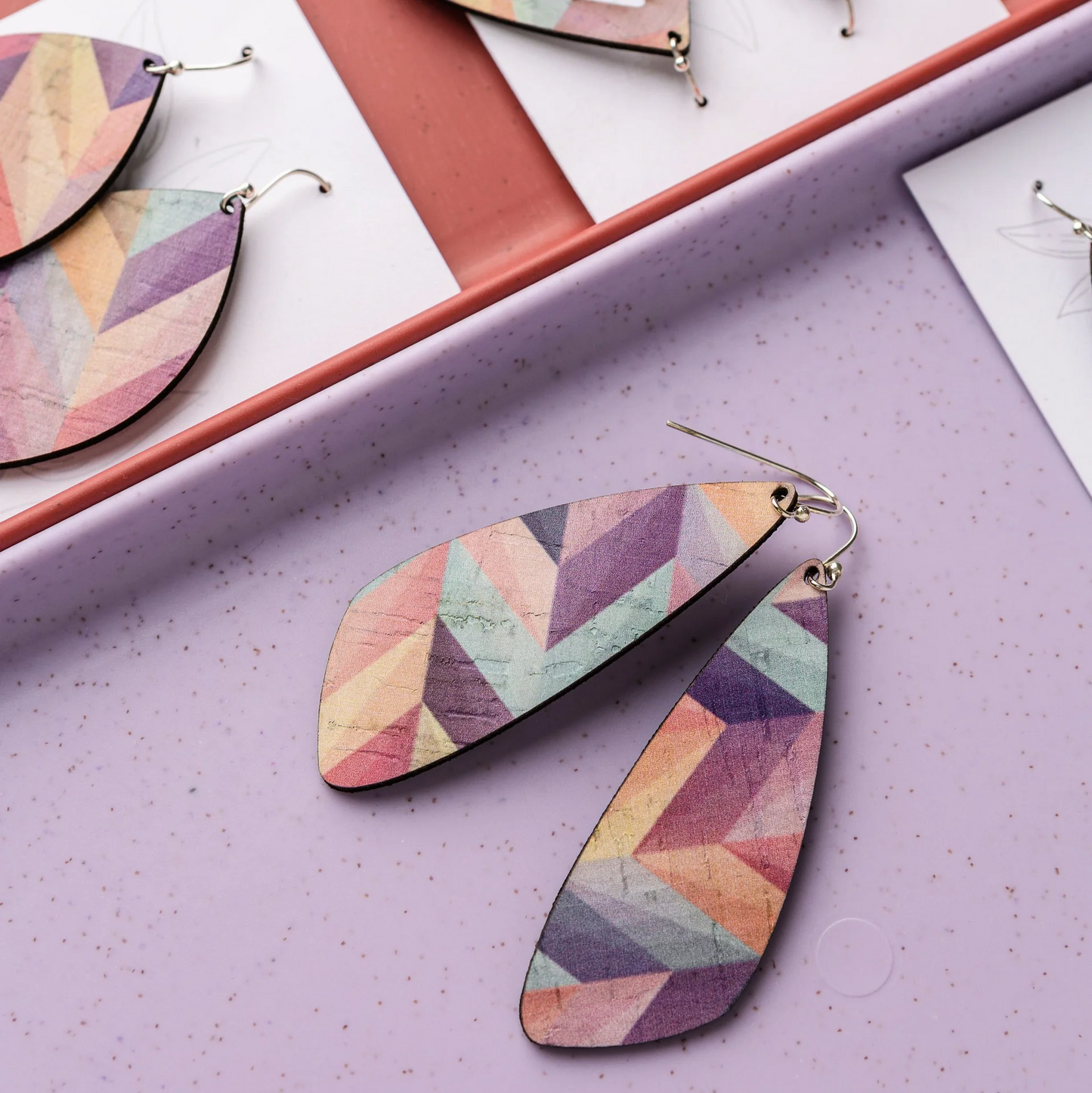 Large Pink Herringbone Cork Earrings - Wing