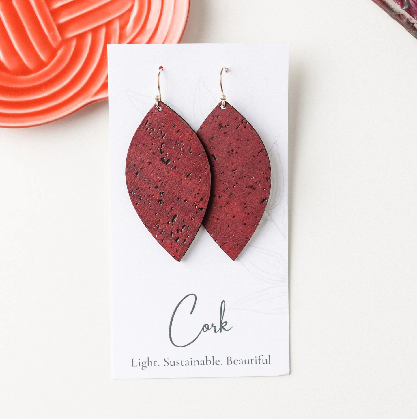 Large Wine Red Cork Earrings - Leaf