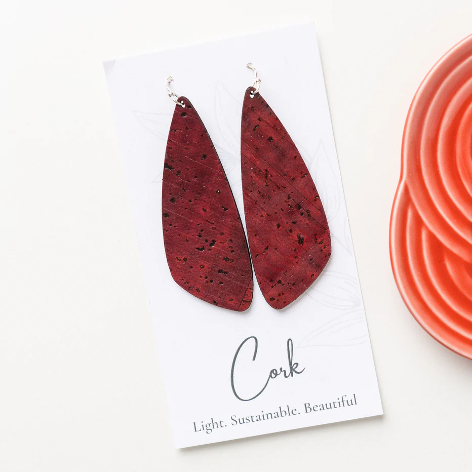 Large Wine-Red Cork Earrings - Wing