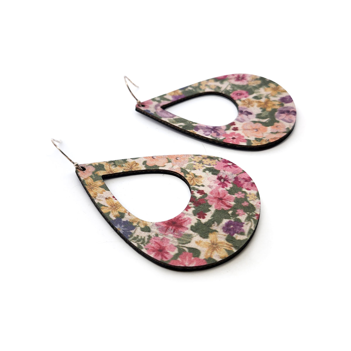 Large Pink & Green Floral Teardrop Cork Earrings