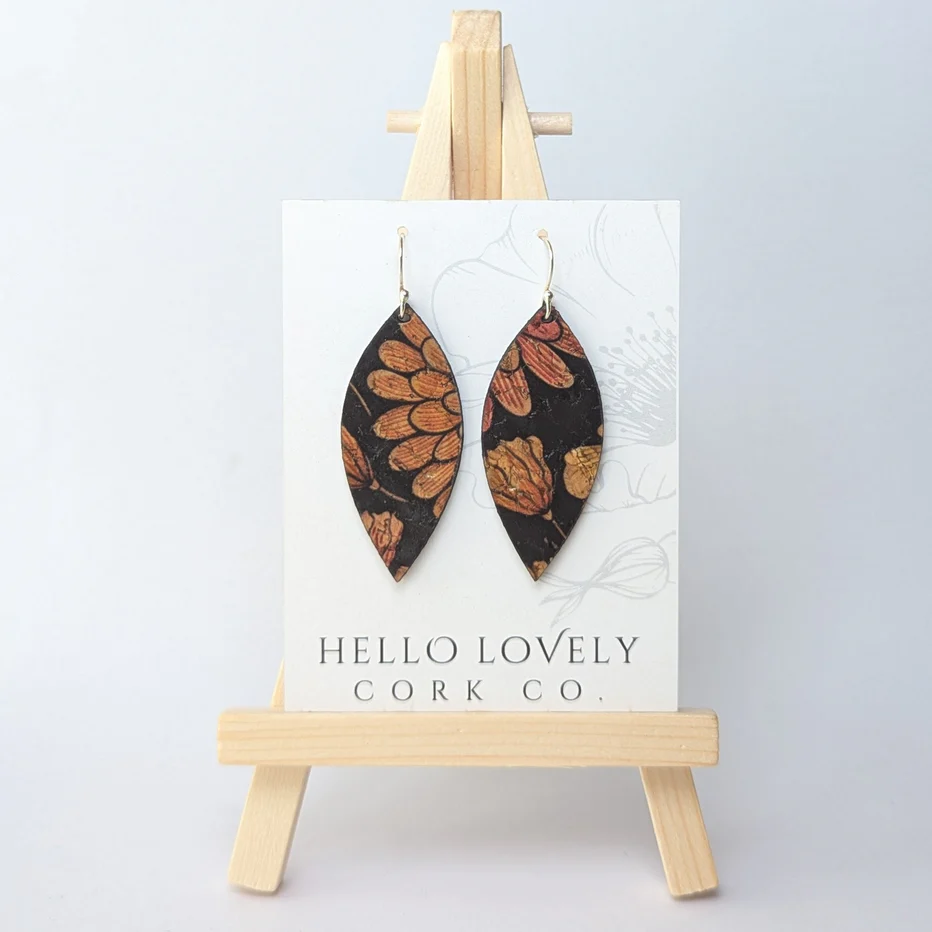 Medium Black and Floral Cork Earrings - Leaf
