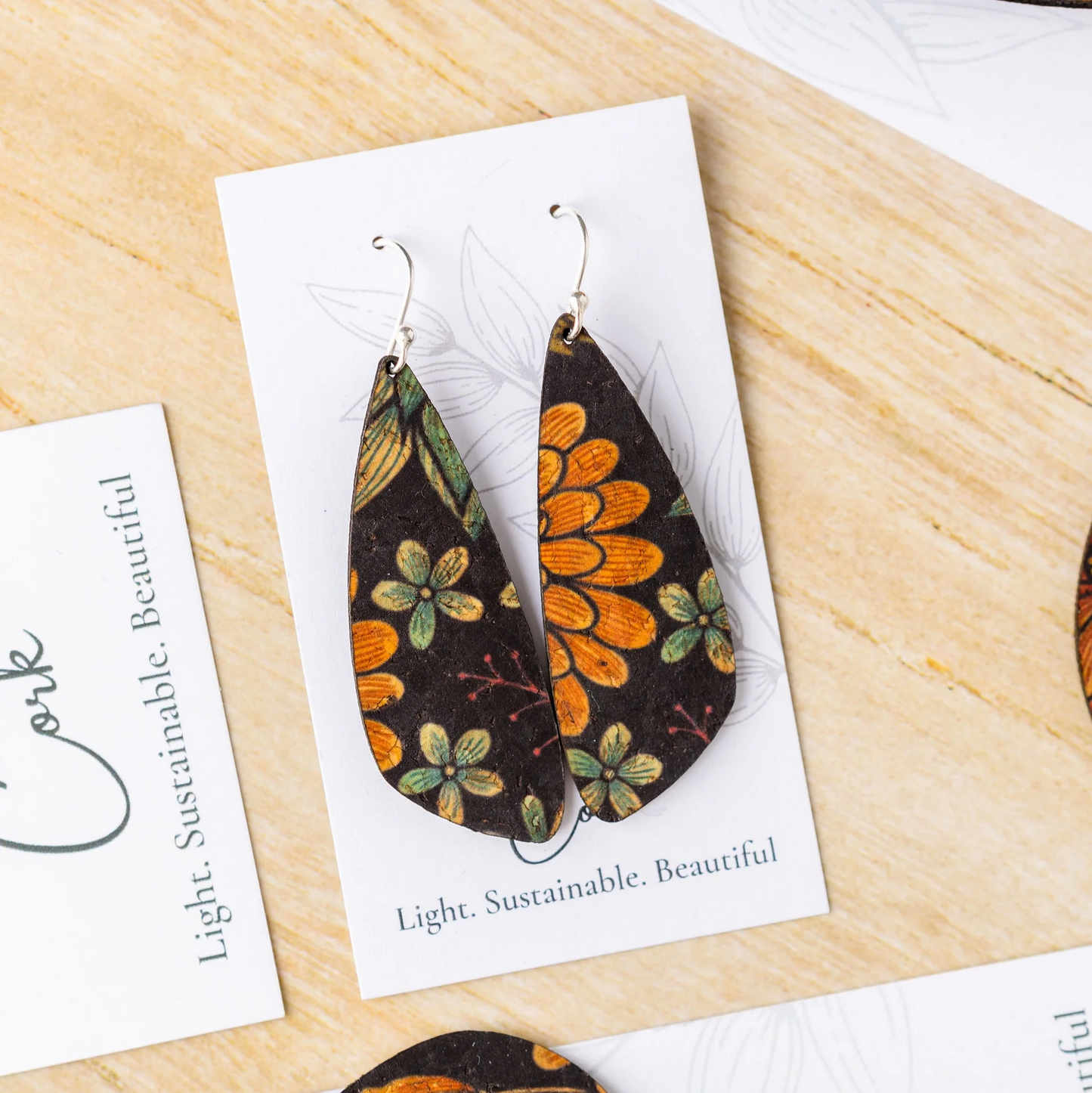 Medium Black and Floral Cork Earrings - Wing