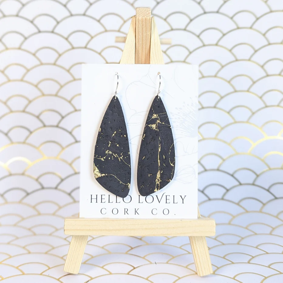 Medium Black and Gold Cork Earrings - Wing