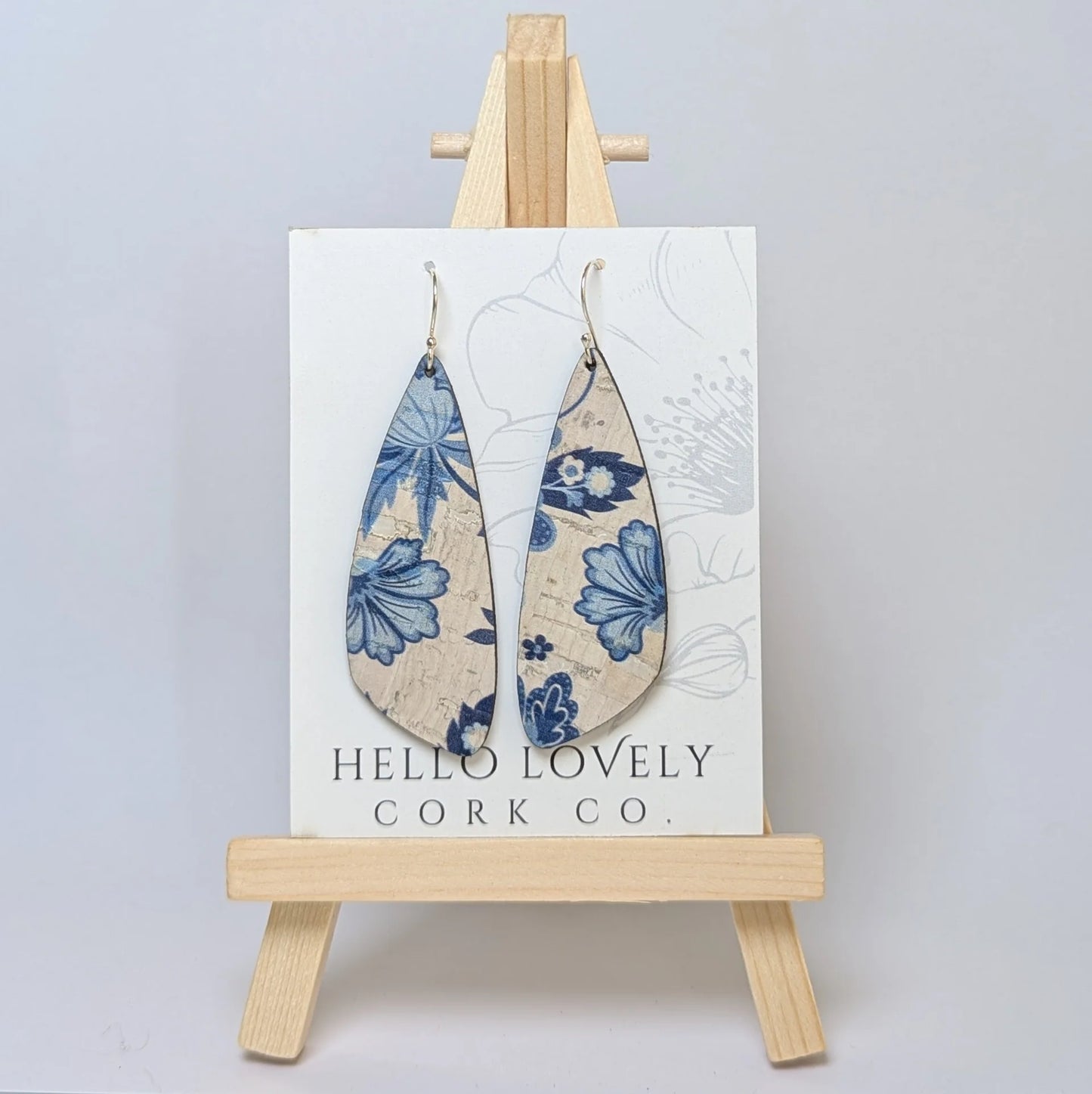 Medium Blue and White Floral Cork Earrings - Wing
