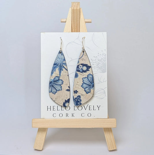 Medium Blue and White Floral Cork Earrings - Wing
