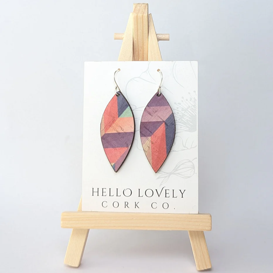Medium Pink Herringbone Cork Earrings - Leaf