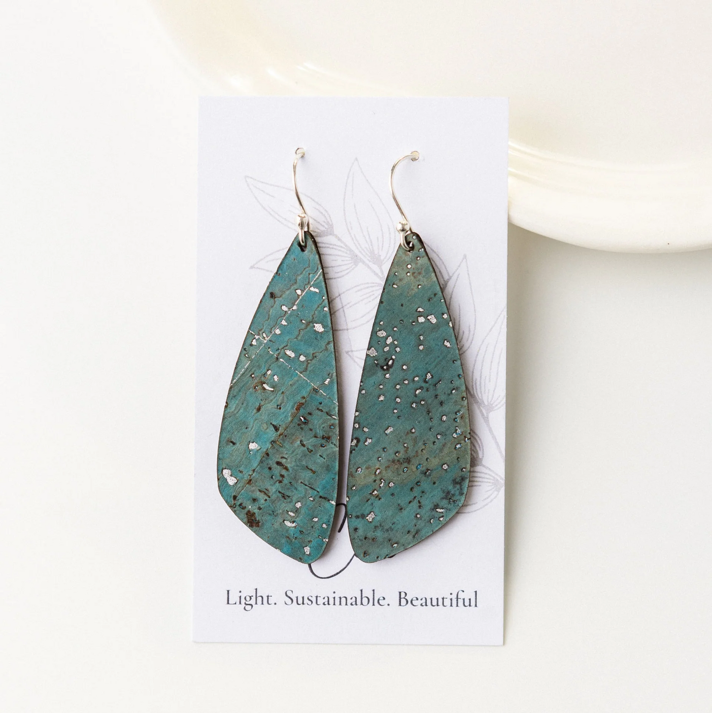 Medium Sea Blue and Silver Cork Earrings - Wing