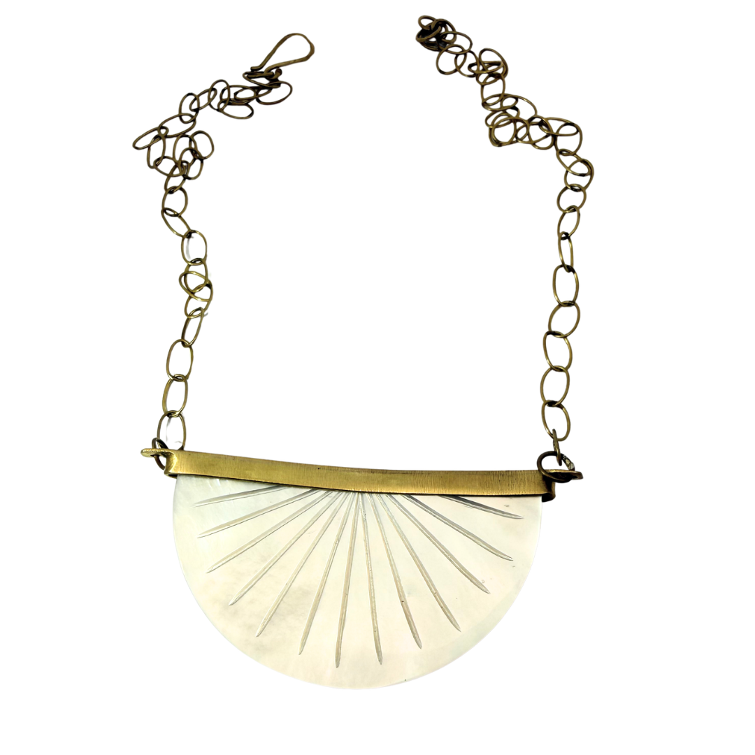 Half-Circle Mother of Pearl Carved Sunburst Necklace