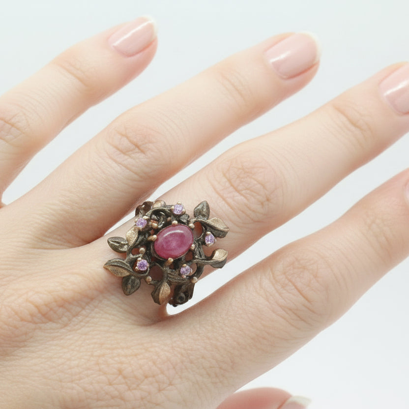 Oval Cabochon Ruby and Pink Sapphire Floral Branch Ring