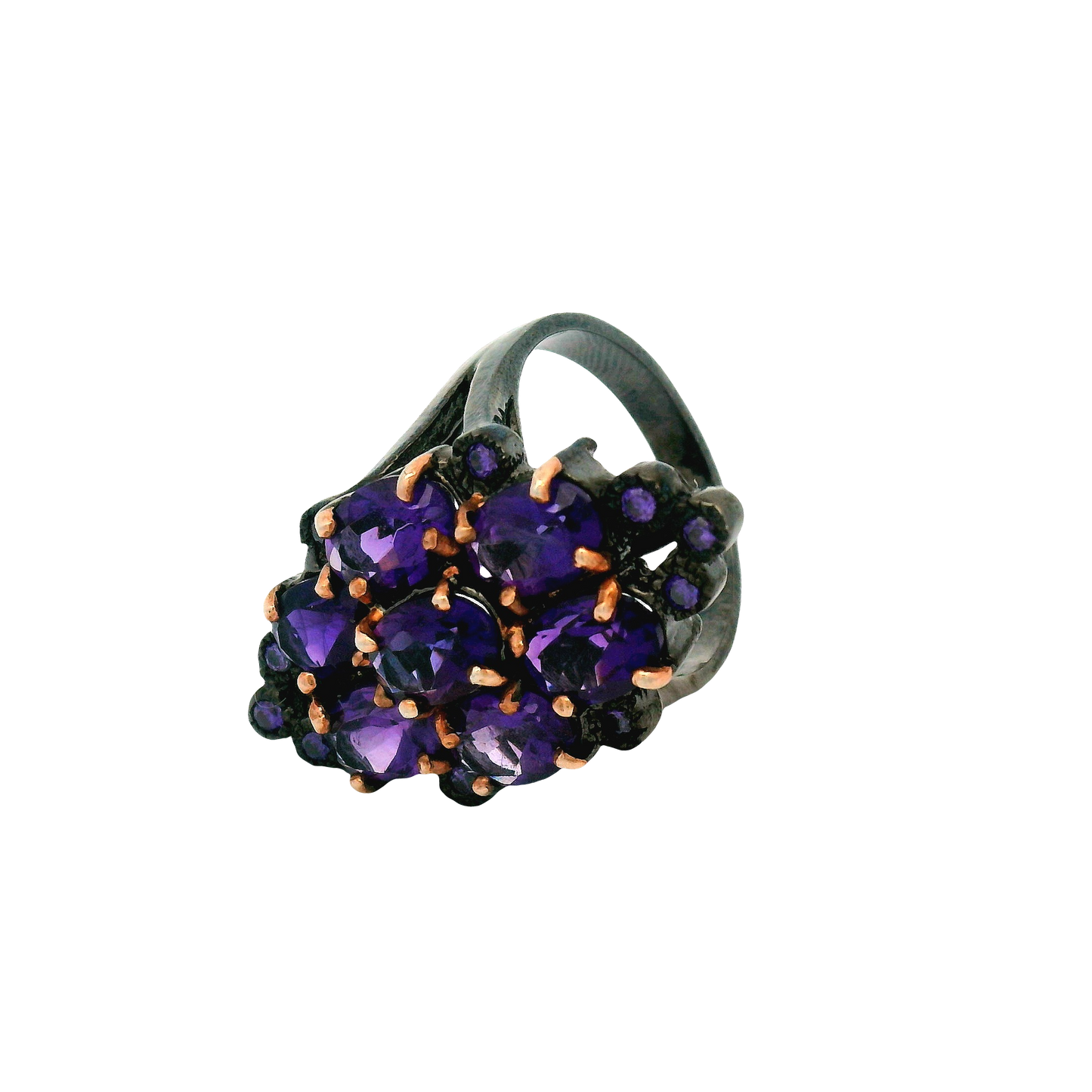 Oxidized Silver Multi-Stone Amethyst Floral Cocktail Ring