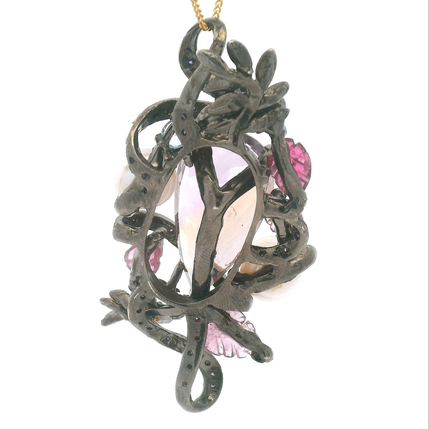 Antique Style Ametrine Pearl Pendant with Blue Topaz Cubic Zirconia Foliage