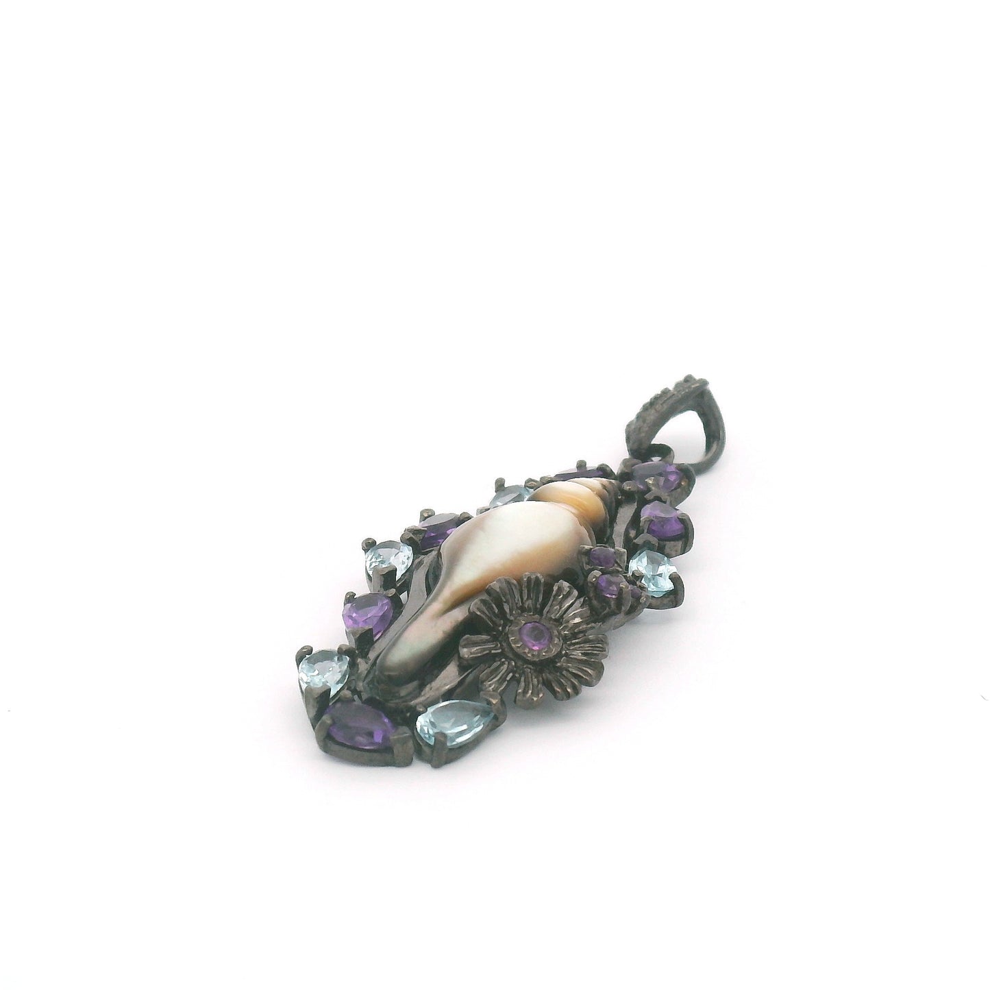 Mother of Pearl Seashell Pendant with Amethyst and Blue Topaz