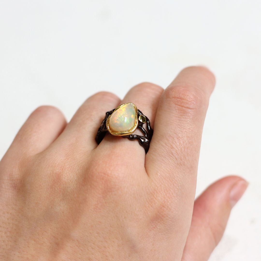 Sterling Silver Black Rhodium-plated Opal Ring