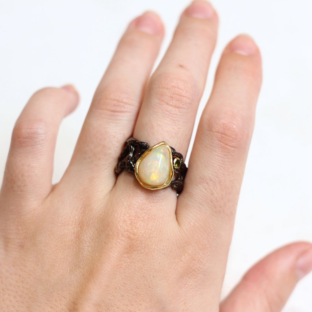 Sterling Silver Black Rhodium-plated Opal Ring